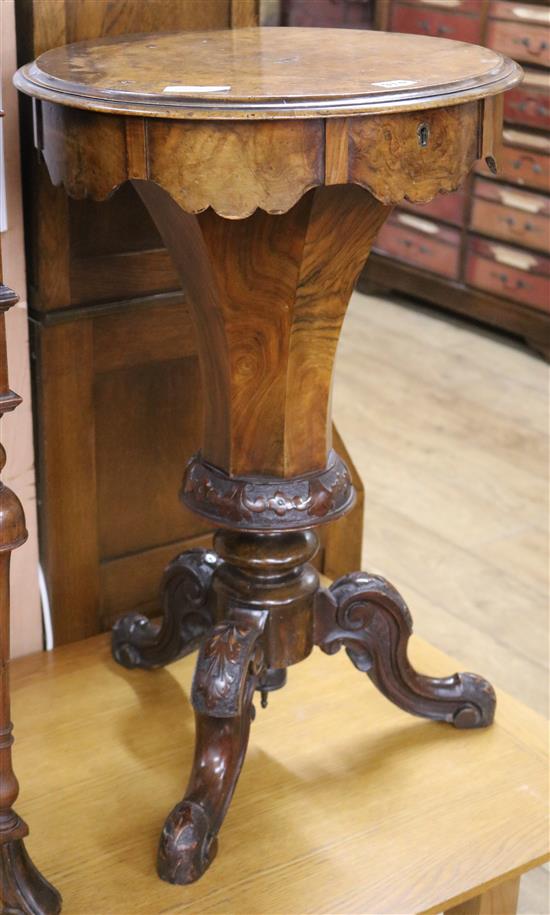 A Victorian burr walnut trumpet work table W.45cm
